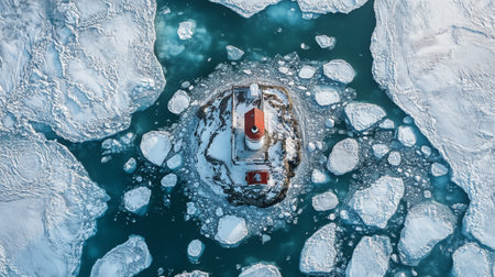 Aerial view of a lighthouse surrounded by ice.の写真素材