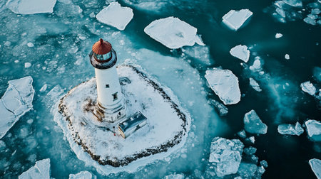 Aerial view of a lighthouse on the ice of Lake Baikalの写真素材