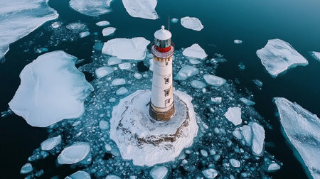 Aerial view of the Lighthouse on the ice floe.の写真素材