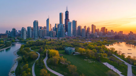 Aerial view of the city of Shanghai at sunset, China.の写真素材