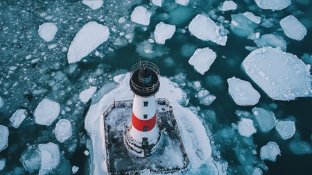 Aerial view of the lighthouse on the ice floe in winterの写真素材