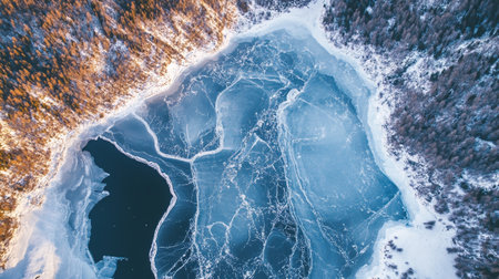 Aerial view of frozen lake in winter forest. Top view.の写真素材