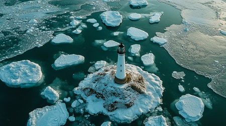 Aerial view of a lighthouse on the ice floe in Arctic.の写真素材