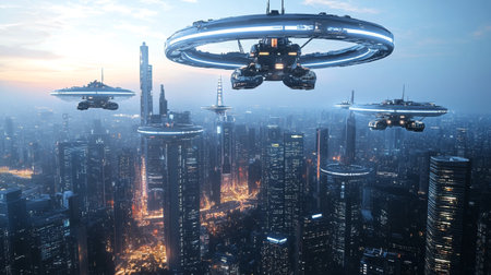 Futuristic spaceship flying over the city. 3D Renderingの写真素材