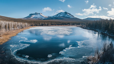 Panoramic view of frozen lake and snow-capped mountains in the backgroundの写真素材