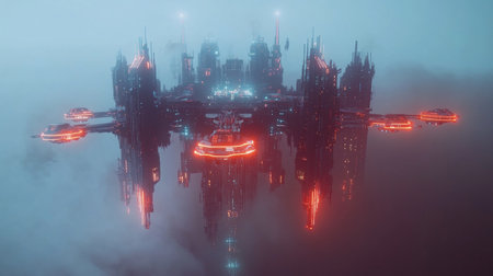 Futuristic city in the fog, 3d render illustration.の写真素材