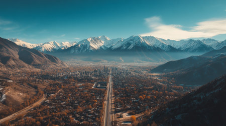 Aerial panoramic view of the city of Krasnaya Polyana, Sochi, Russiaの写真素材
