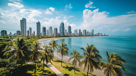 Aerial view of a coastal city with skyscrapers and palm trees.の素材