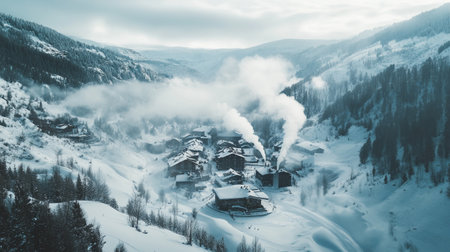 Winter landscape in the mountains with wooden houses and snowdrifts.の写真素材