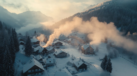 Aerial view of a mountain village in winter with snow and fogの写真素材