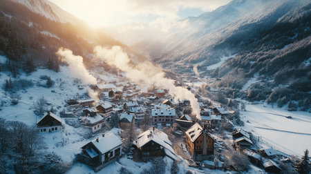 Aerial view of the old village in the mountains at sunset.の写真素材