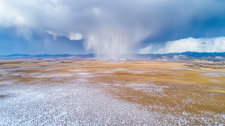 Aerial view of snow field and stormy sky in winter seasonの写真素材