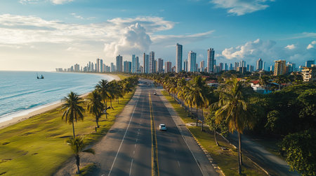 Aerial view of a city with skyscrapers and palm trees.の写真素材