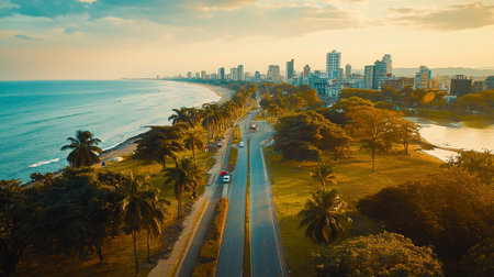 Aerial view of palm trees and road at sunset.の写真素材