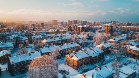 Cityscape with houses and trees covered with hoarfrost in winterの写真素材