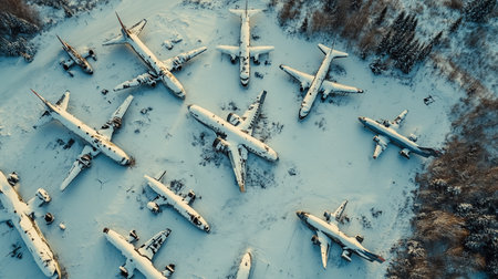 Aerial view of the old airplane in the snow. Drone photography.の写真素材
