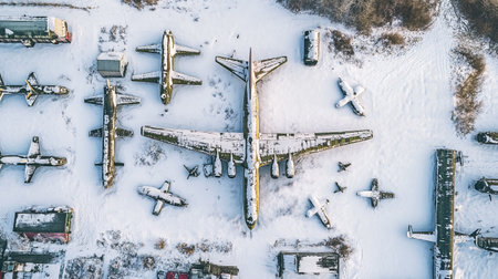 Aerial view of the airport in winter. Top view of the airplane in the snow.の写真素材