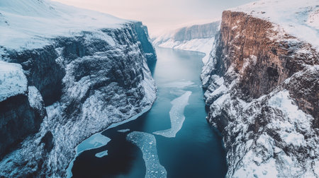 Icelandic winter landscape with snow-capped mountains and lakeの写真素材