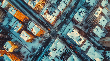 Aerial view of the city in winter with a lot of snowの写真素材