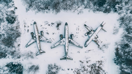 Aerial view of an airplane in the snow. Drone photography.の写真素材