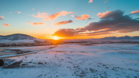 Aerial view of beautiful sunset over snow-covered field in winterの写真素材