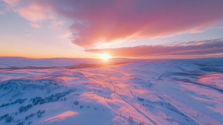 Beautiful winter sunset over snow-covered field. 3d renderの写真素材