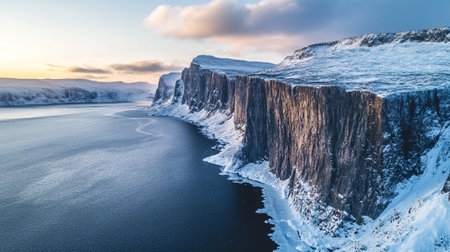 Aerial panoramic view of snow-covered cliffs and fjord in winter at sunset, Icelandの写真素材