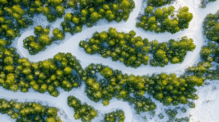 Aerial view of a forest covered with snow.の写真素材