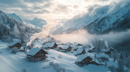 Winter in the swiss alps (Braunwald, Glarus, Switzerland)の写真素材
