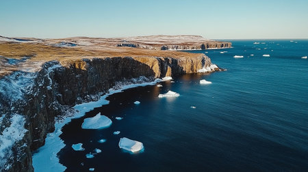 Icelandic landscape with icebergs in the ocean. Aerial viewの写真素材