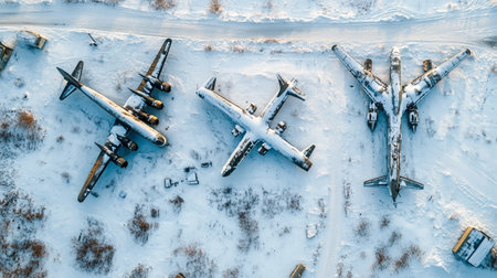 Aerial view of old abandoned airplane in winter. Drone photography.の写真素材