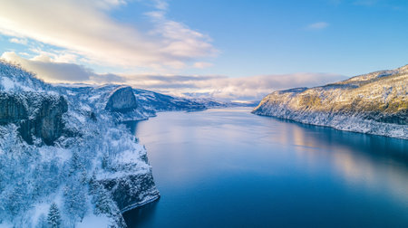 Panoramic view of the fjord in Norway in winter.の写真素材