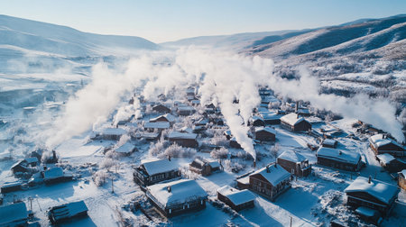 Aerial view of a small village in the Carpathian mountains in winterの写真素材