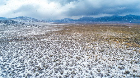 Aerial view of snow covered grassland in winter, Qinghai, China.の写真素材