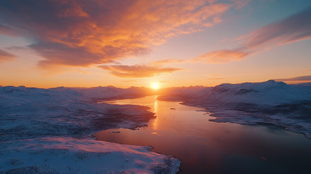 Aerial view of a beautiful sunset over a mountain lake in winterの写真素材