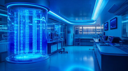 3d render of a science experiment in a laboratory with blue lightの写真素材