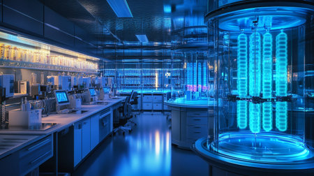 3d rendering of a scientific laboratory with blue lights and test tubesの素材