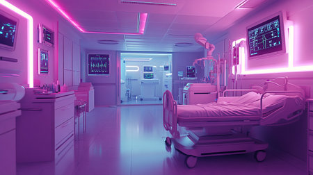 3D rendering of a hospital corridor with a bed and medical equipmentの素材