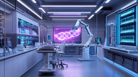 3D rendering of a medical laboratory with a robot in the foregroundの写真素材