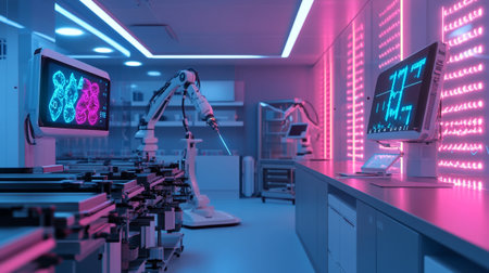 3D rendering of robot working in the laboratory. Technology concept.の素材