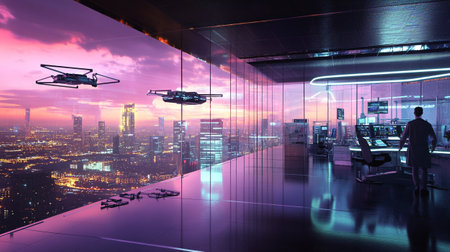 Drone flying over modern city at night 3D rendering no peopleの写真素材