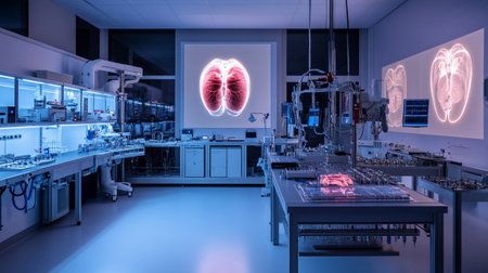 3d rendering of a human heart in a modern medical lab.の写真素材