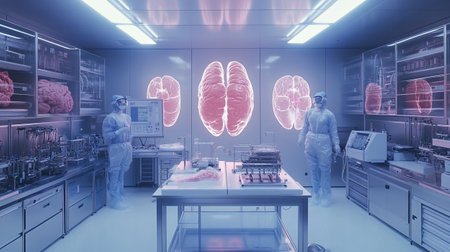 Medical workers examining human lungs in a modern laboratory. 3D renderingの素材