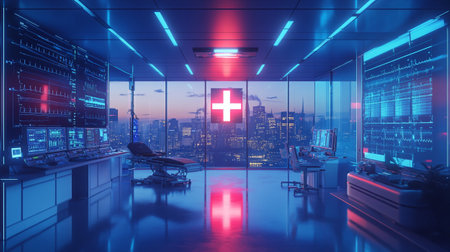 3d rendering of hospital interior with medical cross sign on the wallの写真素材