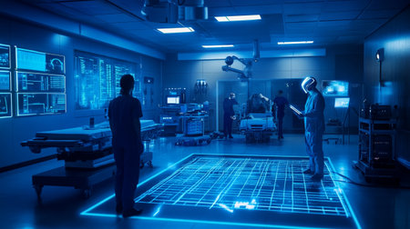 Silhouette of team of engineers working in modern operating room at nightの写真素材