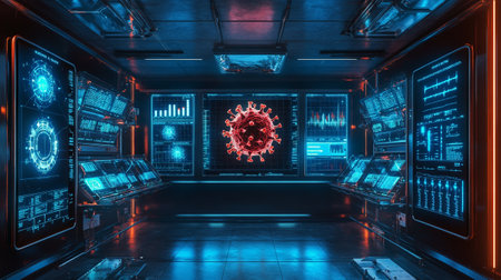 Spaceship interior with blue and red virus cells 3D renderingの写真素材