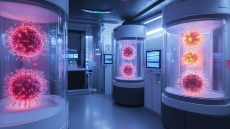 3D render of a scientific laboratory with virus cells and test tubesの素材