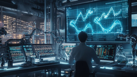 Young man working on a big data center. 3d rendering.の写真素材
