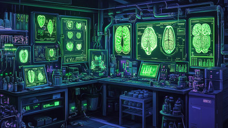 3d rendering of a science fiction room with a human brain in front of a monitorの写真素材
