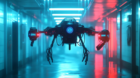 3d rendering of a robot in a futuristic corridor with neon lightsの写真素材